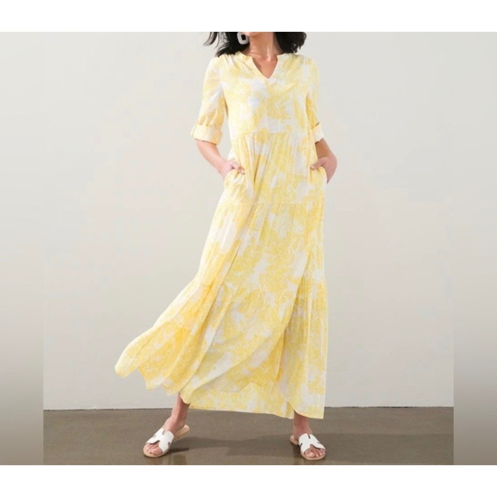 Chicos Yellow Paisley Tiered Maxi Dress Sz 2 12/14 Split Neck Resortwear Summer